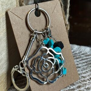 Silver Rose Keychain with Turquoise Accents